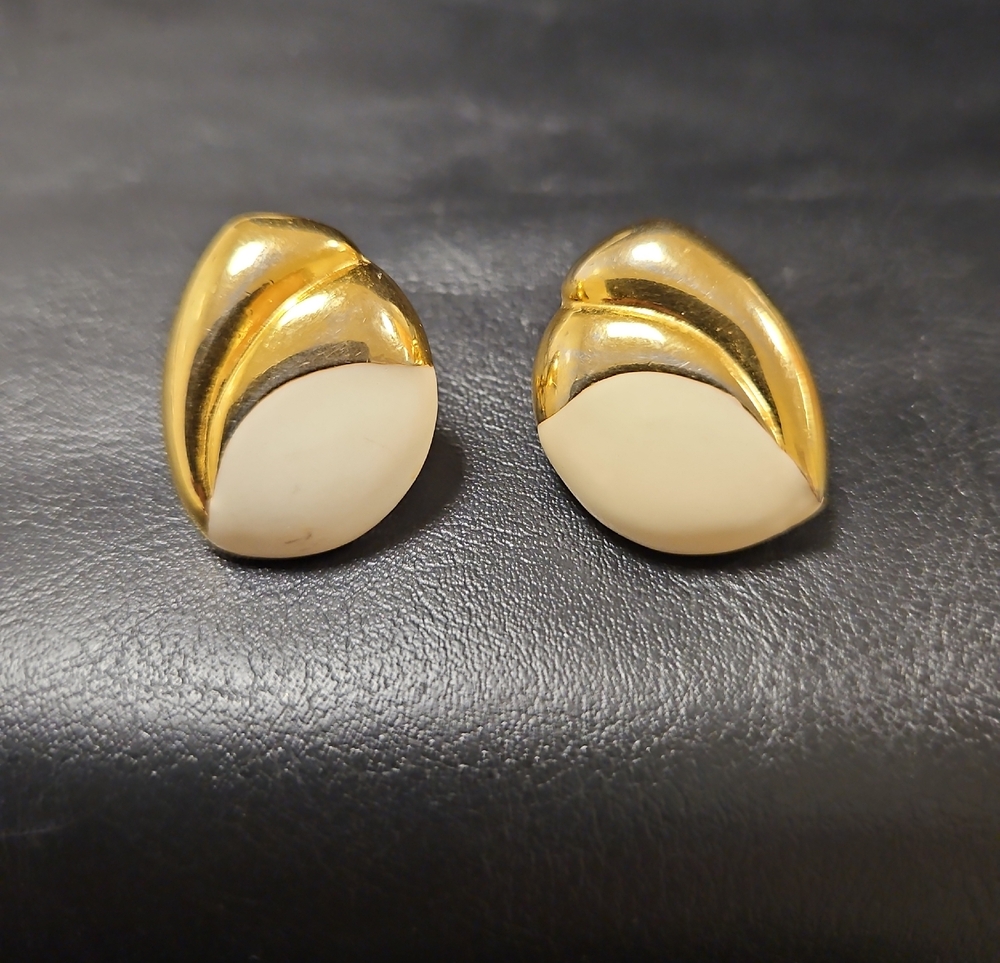 Napier Gold and Cream Enamel Leaf Clip-On Earrings